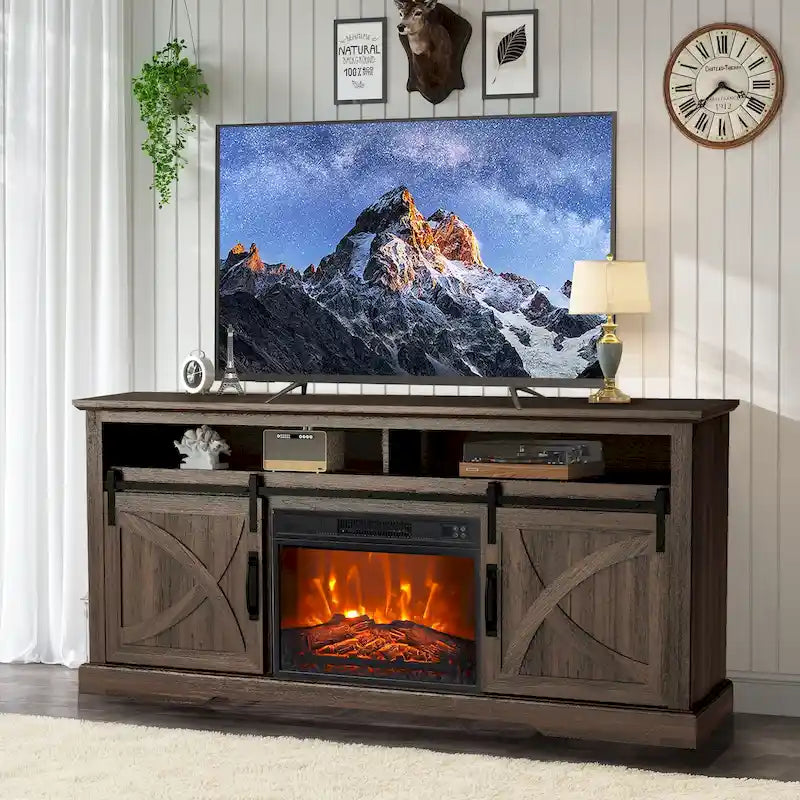 Meuble TV cheminée avec porte coulissante de 173 cm, foyer électrique de 58 cm, brun foncé/gris/blanc, simple