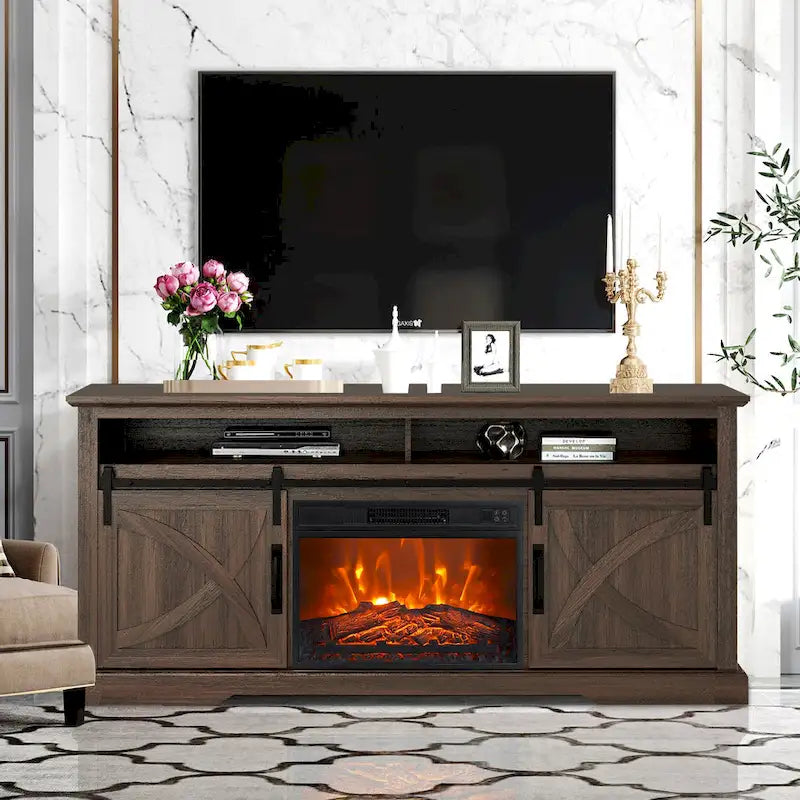 Meuble TV cheminée avec porte coulissante de 173 cm, foyer électrique de 58 cm, brun foncé/gris/blanc, simple