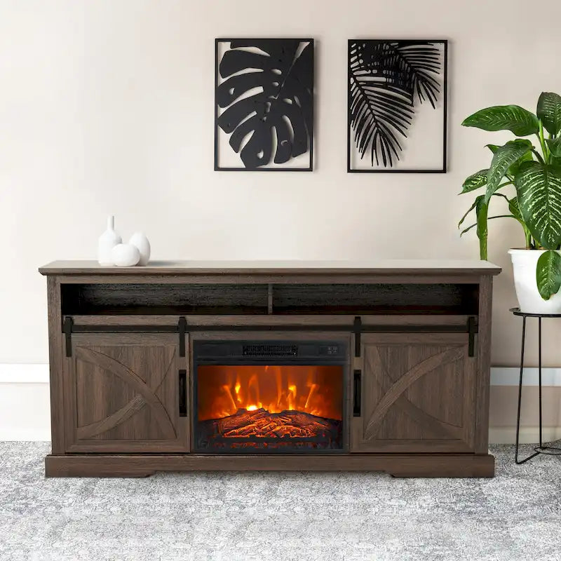 Meuble TV cheminée avec porte coulissante de 173 cm, foyer électrique de 58 cm, brun foncé/gris/blanc, simple