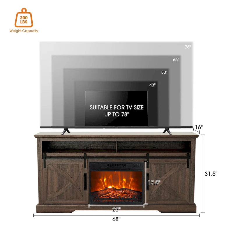 Meuble TV cheminée avec porte coulissante de 173 cm, foyer électrique de 58 cm, brun foncé/gris/blanc, simple