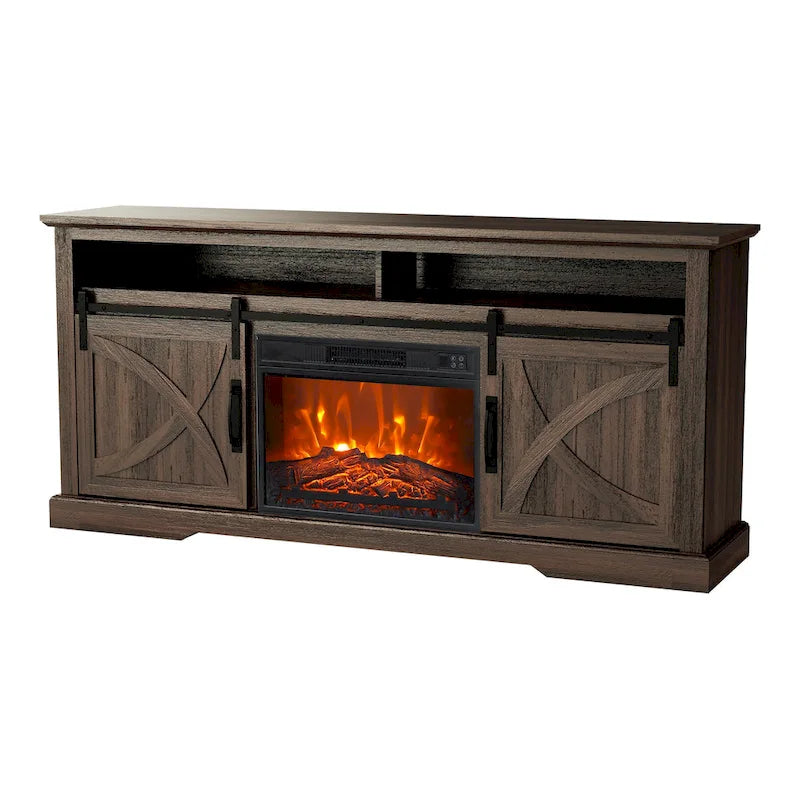 Meuble TV cheminée avec porte coulissante de 173 cm, foyer électrique de 58 cm, brun foncé/gris/blanc, simple