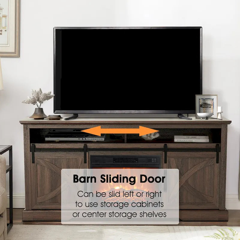 Meuble TV cheminée avec porte coulissante de 173 cm, foyer électrique de 58 cm, brun foncé/gris/blanc, simple