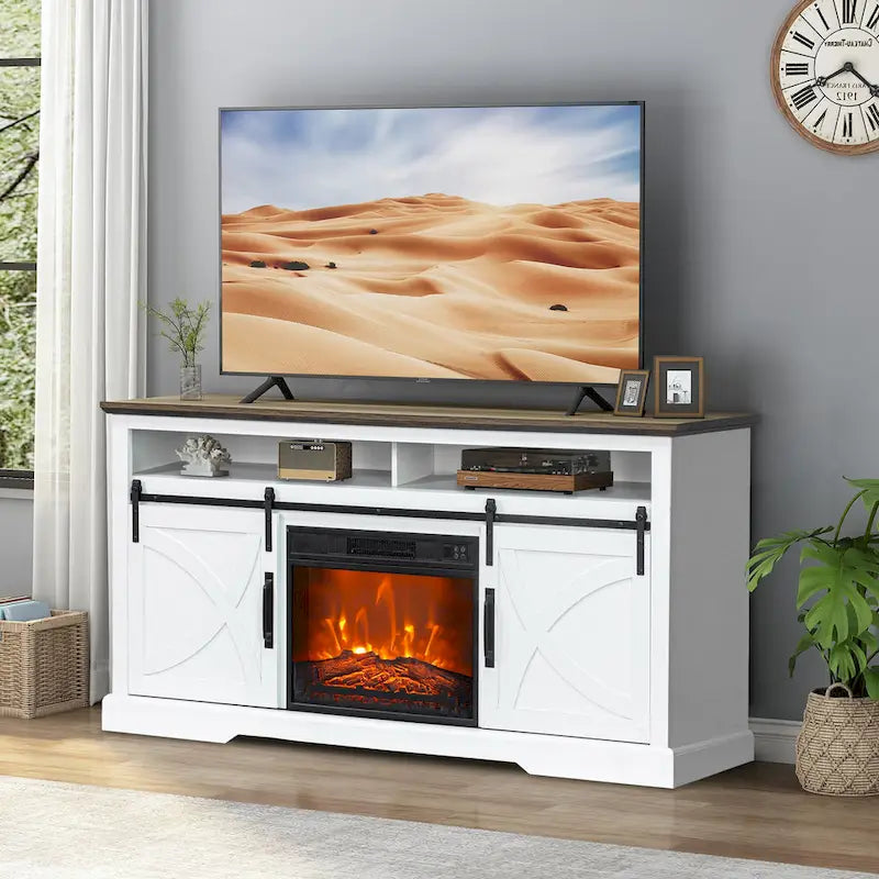 Meuble TV cheminée avec porte coulissante de 173 cm, foyer électrique de 58 cm, brun foncé/gris/blanc, simple