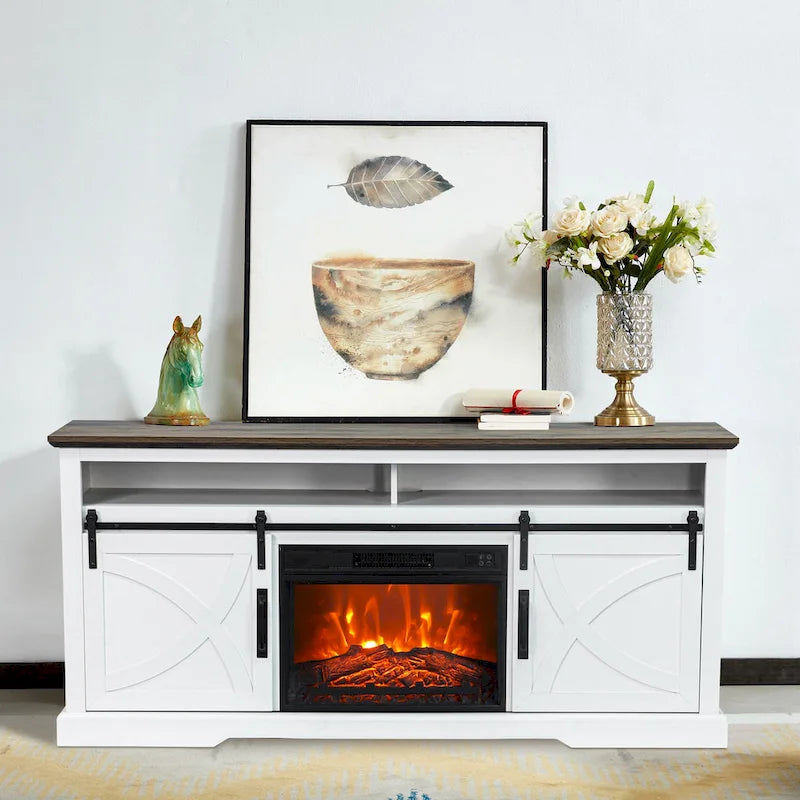 Meuble TV cheminée avec porte coulissante de 173 cm, foyer électrique de 58 cm, brun foncé/gris/blanc, simple