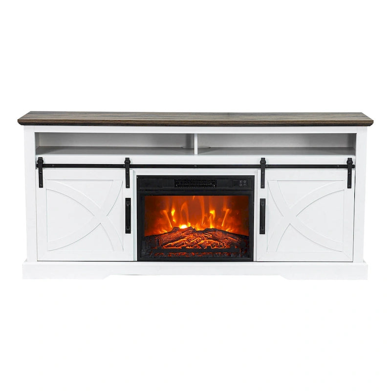 Meuble TV cheminée avec porte coulissante de 173 cm, foyer électrique de 58 cm, brun foncé/gris/blanc, simple