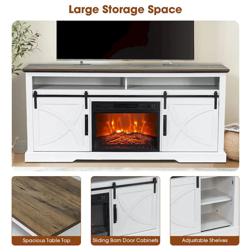 Meuble TV cheminée avec porte coulissante de 173 cm, foyer électrique de 58 cm, brun foncé/gris/blanc, simple