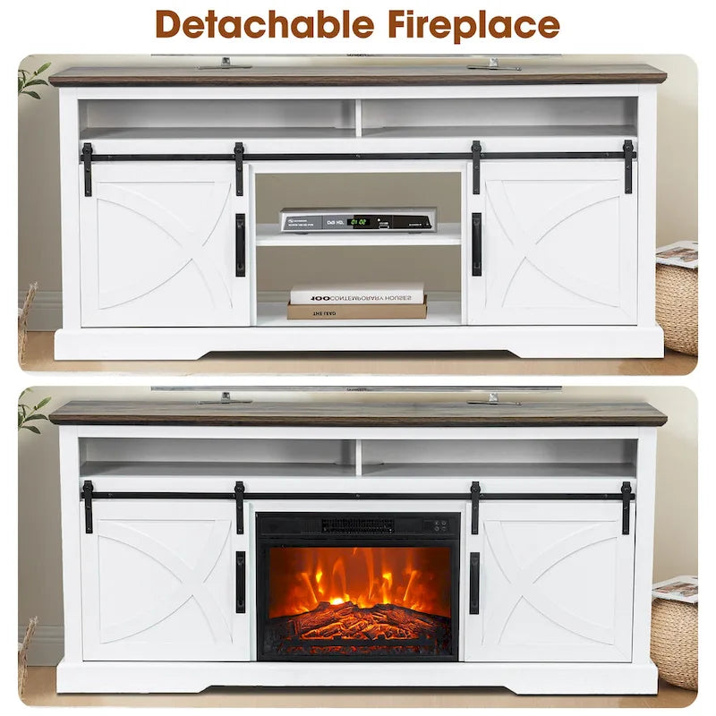 Meuble TV cheminée avec porte coulissante de 173 cm, foyer électrique de 58 cm, brun foncé/gris/blanc, simple