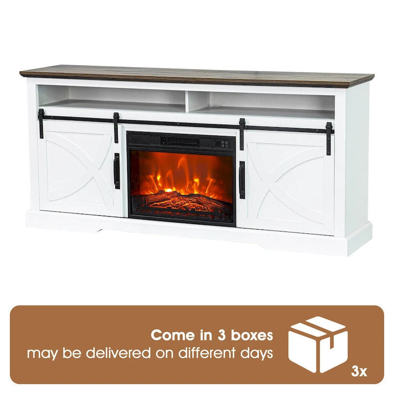 Meuble TV cheminée avec porte coulissante de 173 cm, foyer électrique de 58 cm, brun foncé/gris/blanc, simple