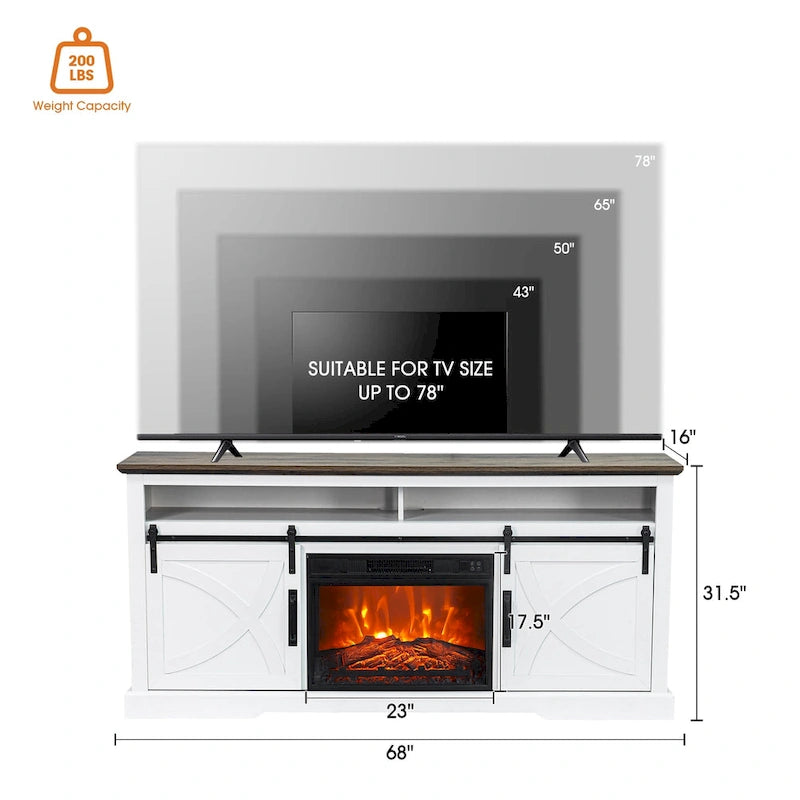Meuble TV cheminée avec porte coulissante de 173 cm, foyer électrique de 58 cm, brun foncé/gris/blanc, simple