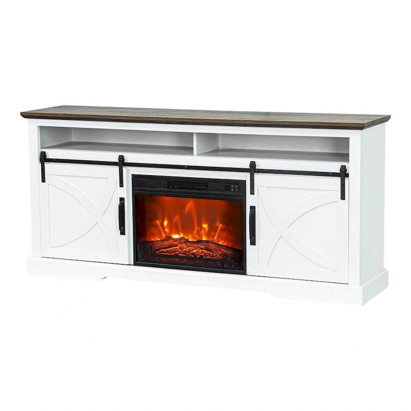 Meuble TV cheminée avec porte coulissante de 173 cm, foyer électrique de 58 cm, brun foncé/gris/blanc, simple