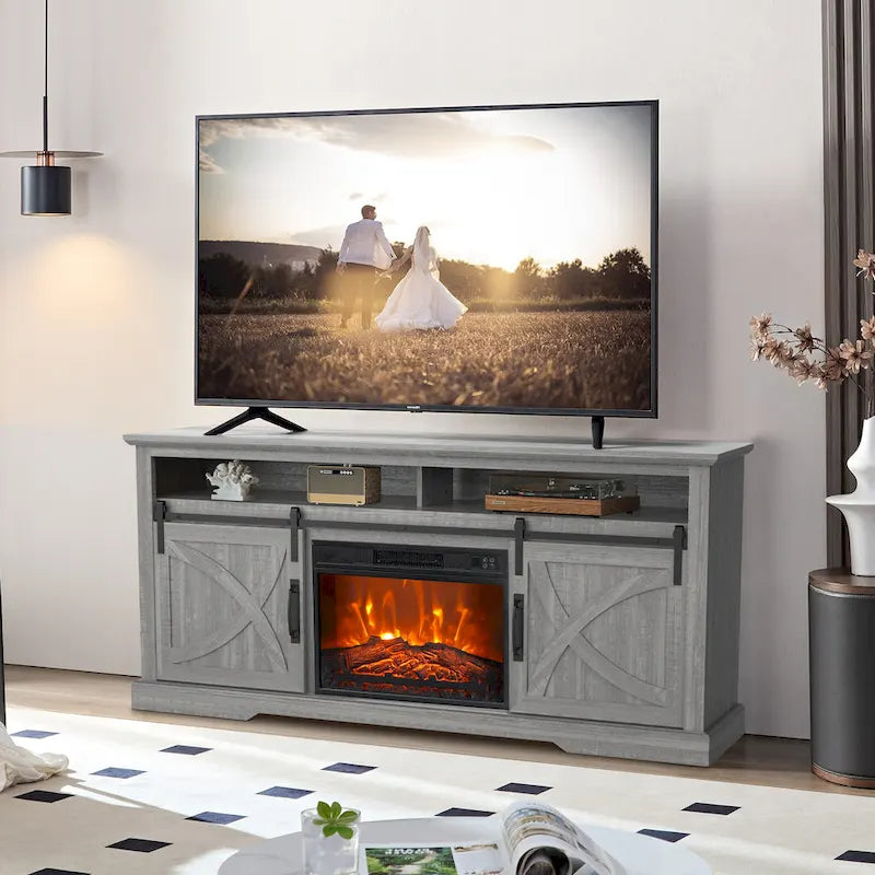 Meuble TV cheminée avec porte coulissante de 173 cm, foyer électrique de 58 cm, brun foncé/gris/blanc, simple