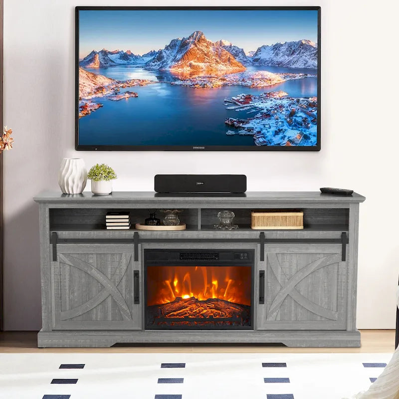Meuble TV cheminée avec porte coulissante de 173 cm, foyer électrique de 58 cm, brun foncé/gris/blanc, simple
