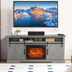 Meuble TV cheminée avec porte coulissante de 173 cm, foyer électrique de 58 cm, brun foncé/gris/blanc, simple