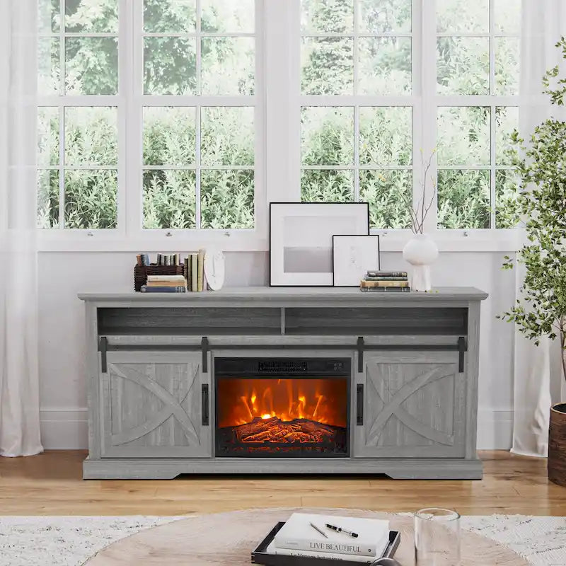 Meuble TV cheminée avec porte coulissante de 173 cm, foyer électrique de 58 cm, brun foncé/gris/blanc, simple