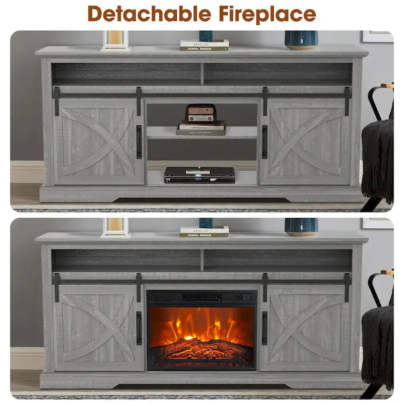 Meuble TV cheminée avec porte coulissante de 173 cm, foyer électrique de 58 cm, brun foncé/gris/blanc, simple