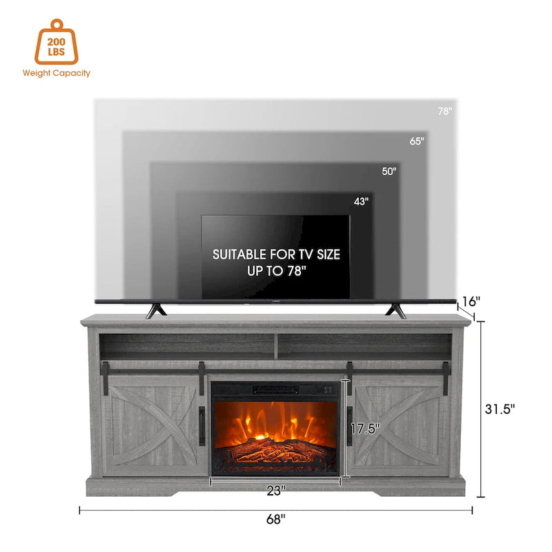 Meuble TV cheminée avec porte coulissante de 173 cm, foyer électrique de 58 cm, brun foncé/gris/blanc, simple