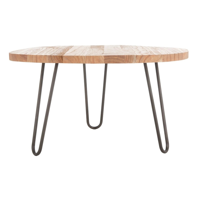 Table basse en chêne vieilli à bords irréguliers avec pieds épingles en acier noir