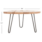 Table basse en chêne vieilli à bords irréguliers avec pieds épingles en acier noir
