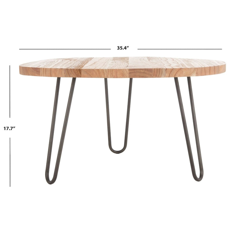 Table basse en chêne vieilli à bords irréguliers avec pieds épingles en acier noir