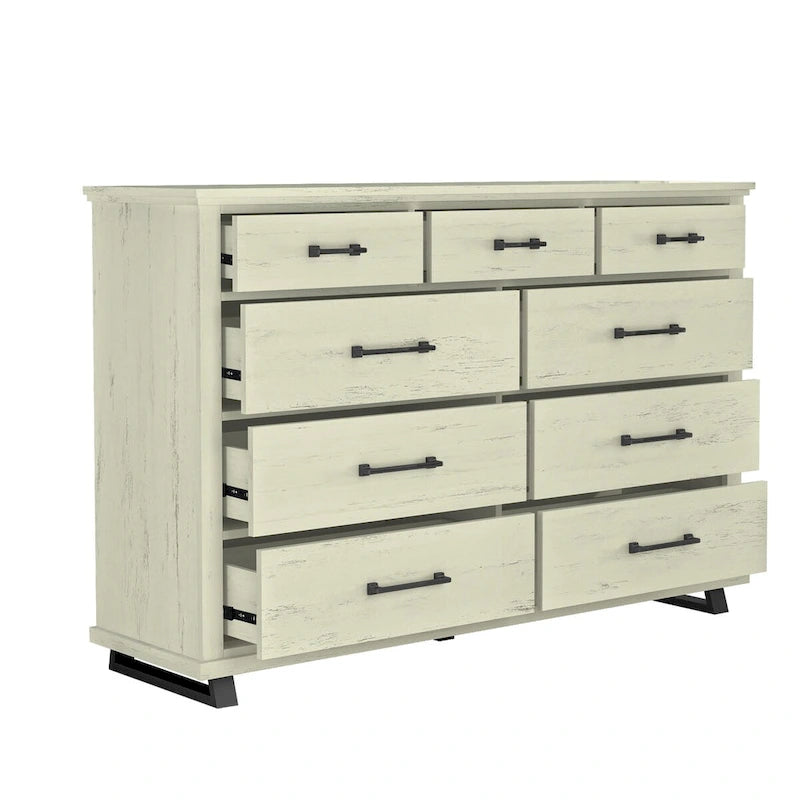 Ensemble de chambre rustique 2 pièces beige/blanc antique – 1 commode et 1 chiffonnier, pour 1-2 utilisateurs