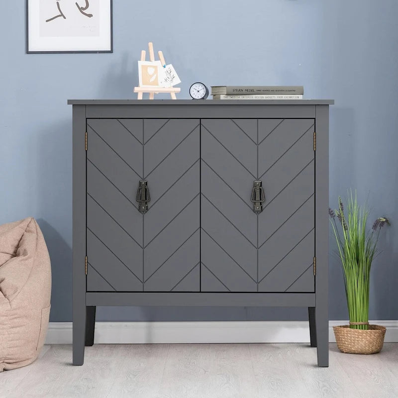Armoire de rangement autoportante en bois gris/noir à 2 portes avec poignées en laiton