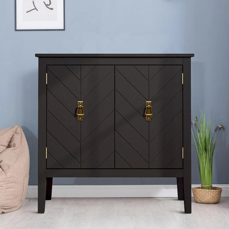 Armoire de rangement autoportante en bois gris/noir à 2 portes avec poignées en laiton