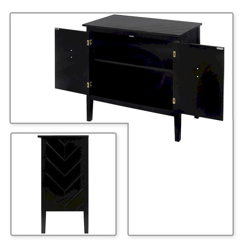 Armoire de rangement autoportante en bois gris/noir à 2 portes avec poignées en laiton