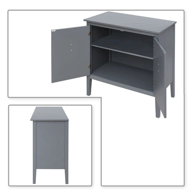Armoire de rangement autoportante en bois gris/noir à 2 portes avec poignées en laiton