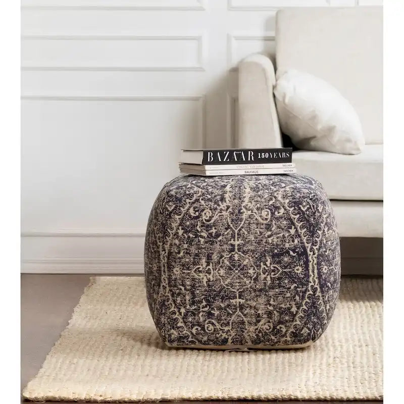 Pouf carré repose-pieds / siège d'appoint bleu et ivoire, 1 personne, grand
