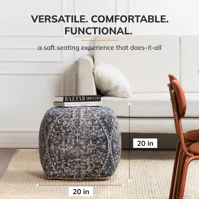 Pouf carré repose-pieds / siège d'appoint bleu et ivoire, 1 personne, grand