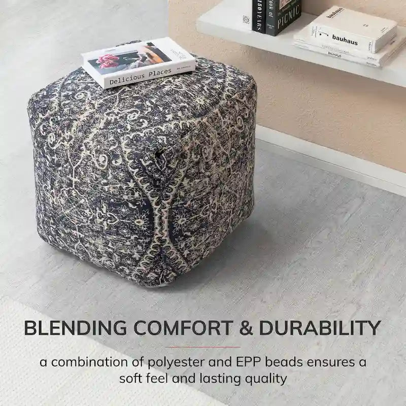 Pouf carré repose-pieds / siège d'appoint bleu et ivoire, 1 personne, grand