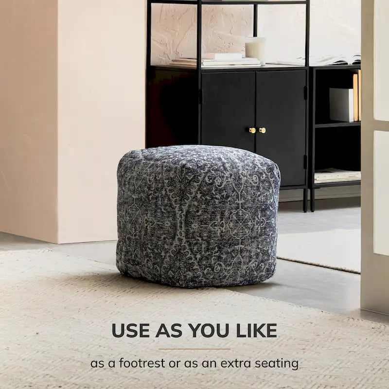 Pouf carré repose-pieds / siège d'appoint bleu et ivoire, 1 personne, grand