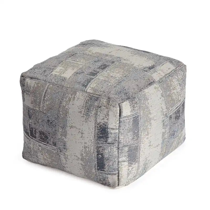 Pouf ottoman carré gris et ivoire, tissé jacquard, grand, 1 personne