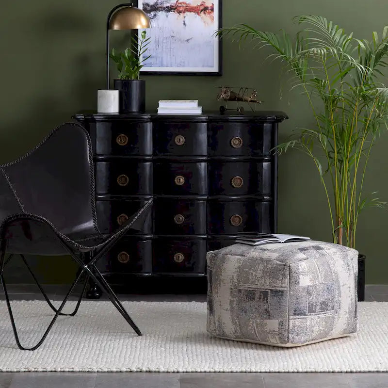 Pouf ottoman carré gris et ivoire, tissé jacquard, grand, 1 personne