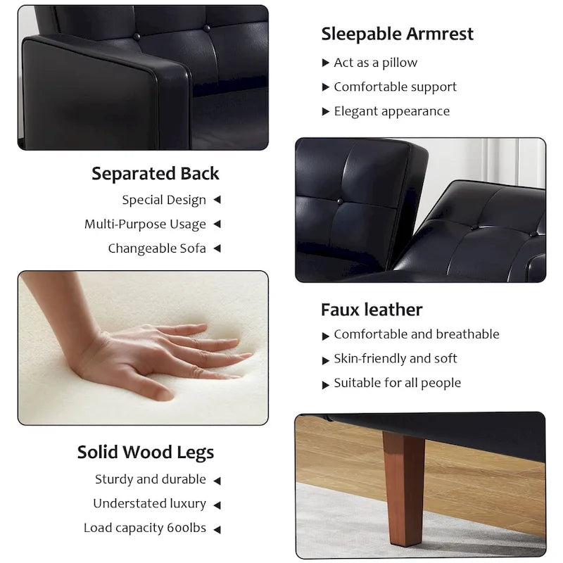 Canapé-lit futon convertible 2 places – Tissu et similicuir, causeuse inclinable 3 positions