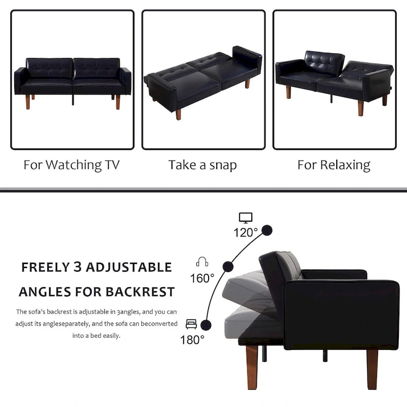Canapé-lit futon convertible 2 places – Tissu et similicuir, causeuse inclinable 3 positions