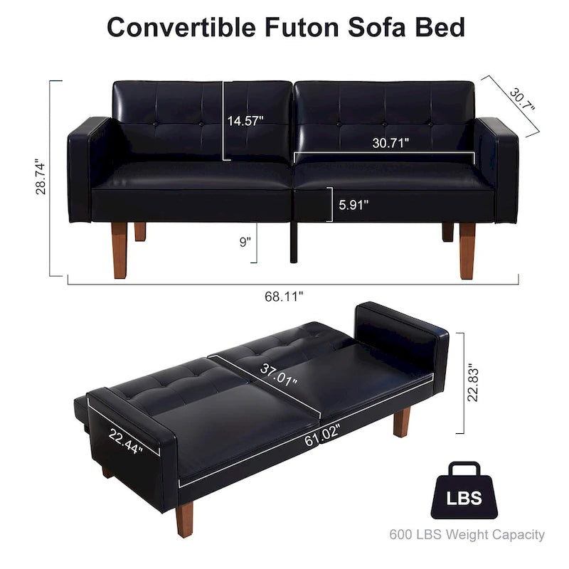 Canapé-lit futon convertible 2 places – Tissu et similicuir, causeuse inclinable 3 positions