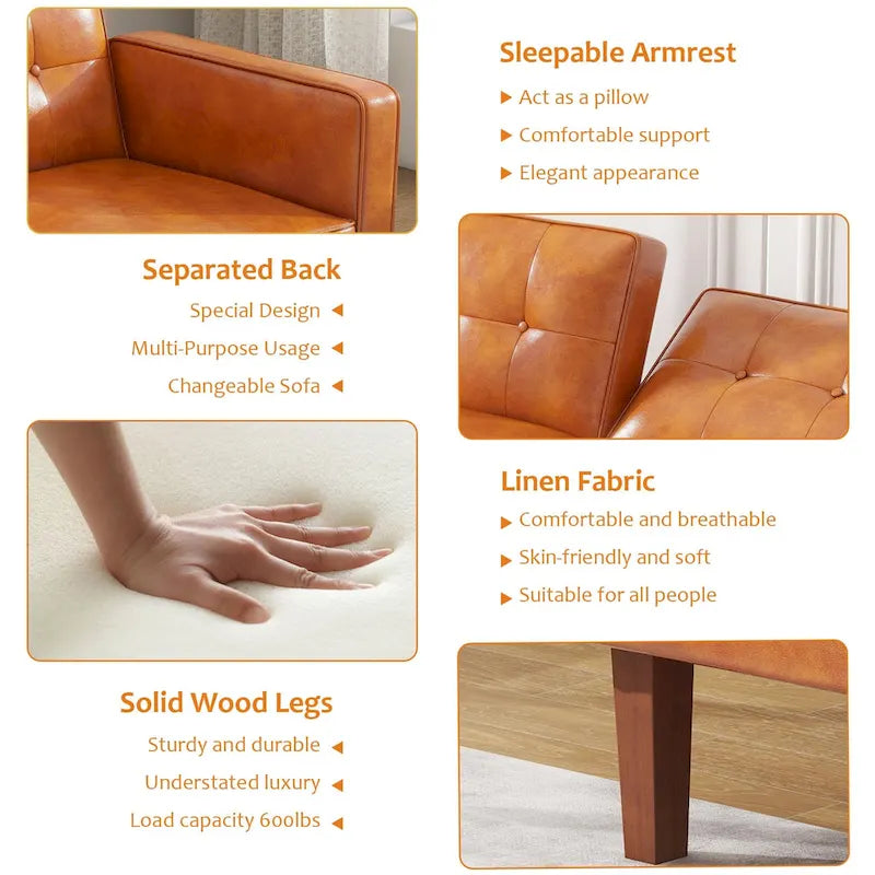 Canapé-lit futon convertible 2 places – Tissu et similicuir, causeuse inclinable 3 positions