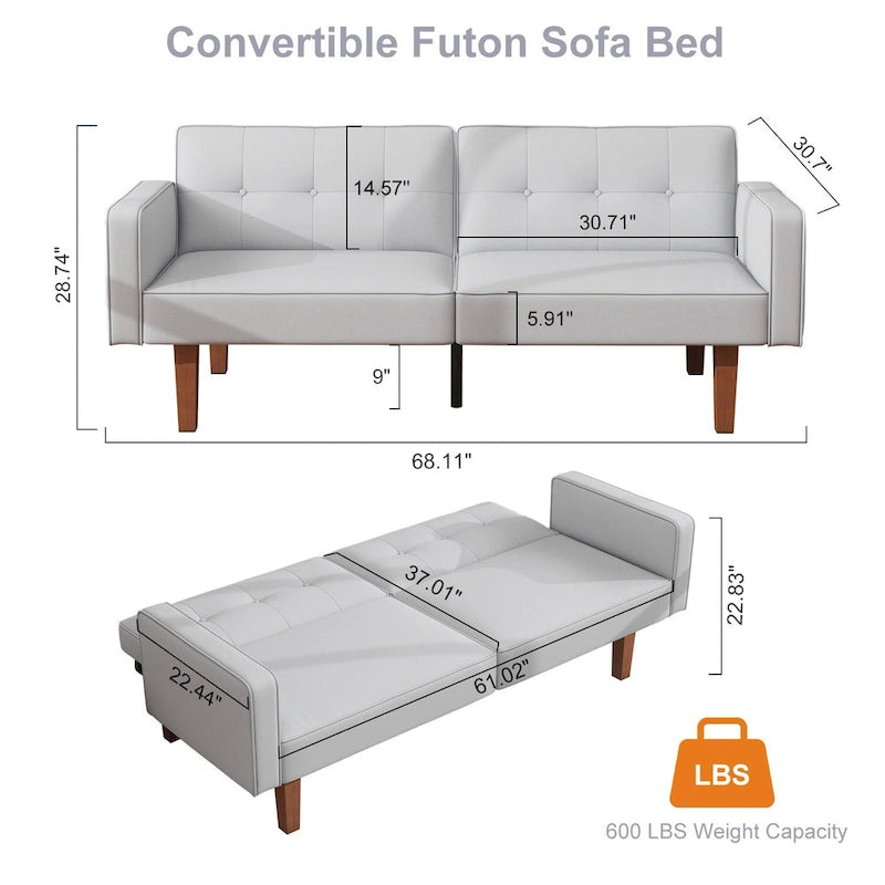 Canapé-lit futon convertible 2 places – Tissu et similicuir, causeuse inclinable 3 positions