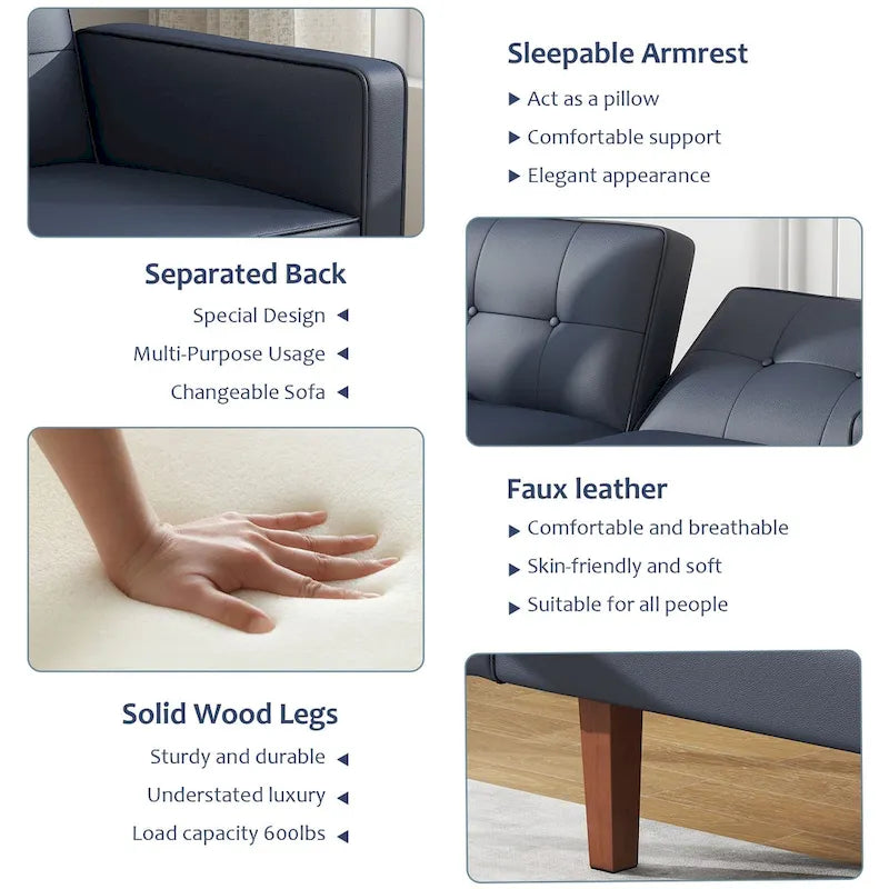 Canapé-lit futon convertible 2 places – Tissu et similicuir, causeuse inclinable 3 positions