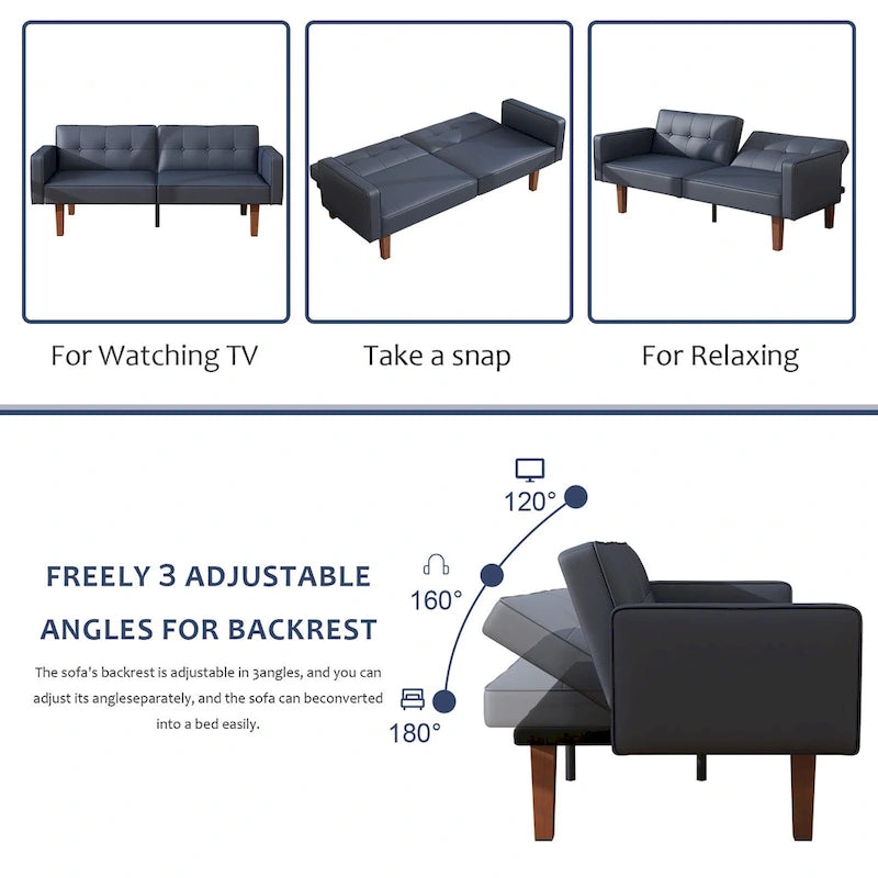 Canapé-lit futon convertible 2 places – Tissu et similicuir, causeuse inclinable 3 positions