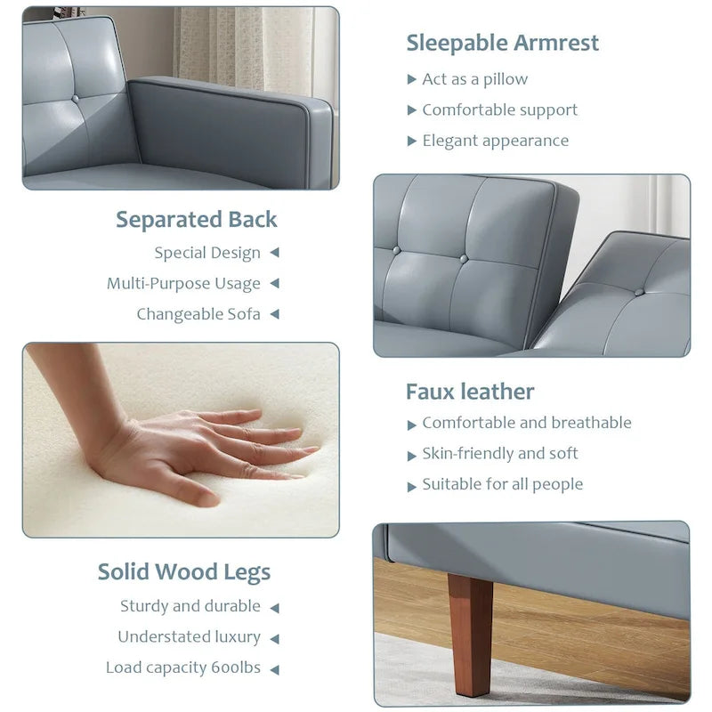 Canapé-lit futon convertible 2 places – Tissu et similicuir, causeuse inclinable 3 positions