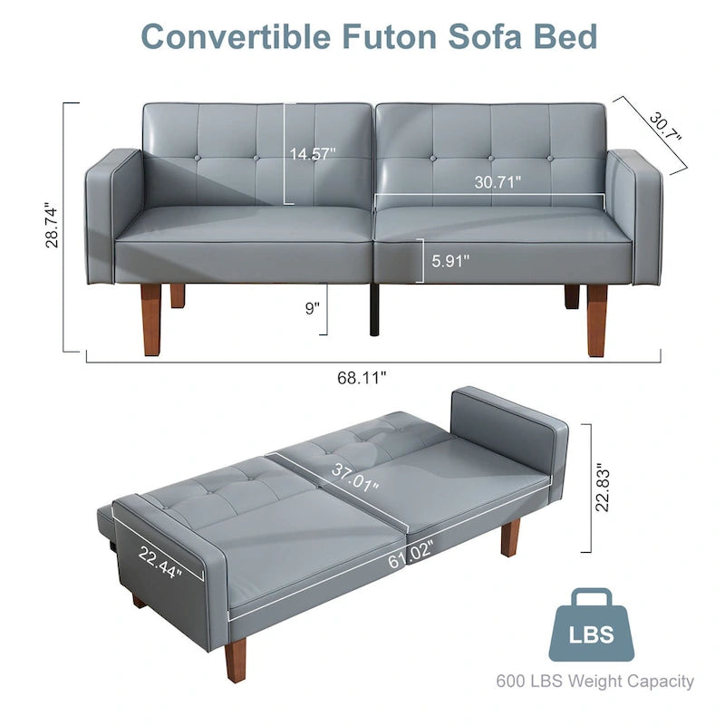 Canapé-lit futon convertible 2 places – Tissu et similicuir, causeuse inclinable 3 positions