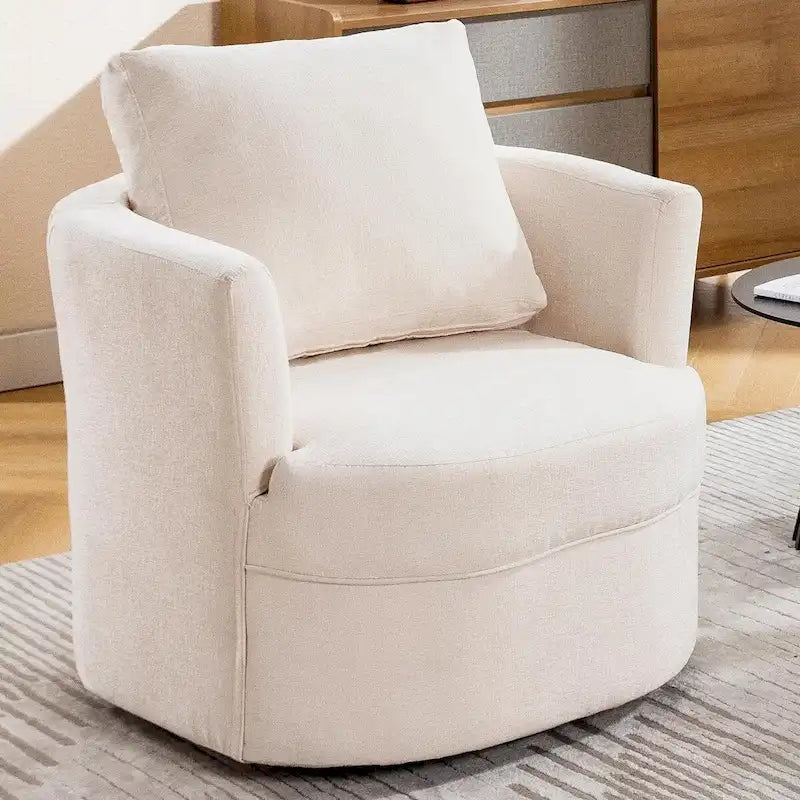 Fauteuil pivotant cylindrique en lin et tissu "Teddy" beige/gris/blanc, une place