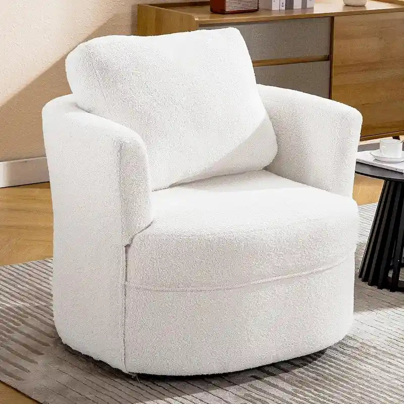 Fauteuil pivotant cylindrique en lin et tissu "Teddy" beige/gris/blanc, une place