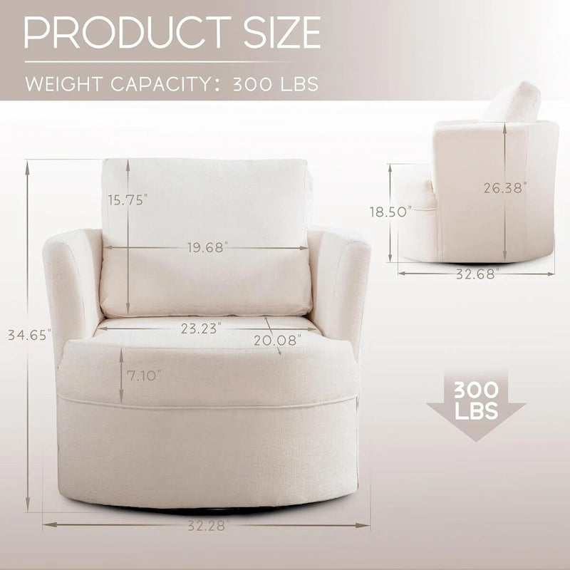 Fauteuil pivotant cylindrique en lin et tissu "Teddy" beige/gris/blanc, une place