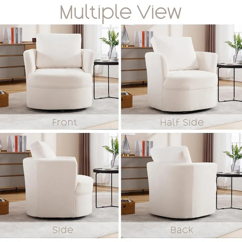 Fauteuil pivotant cylindrique en lin et tissu "Teddy" beige/gris/blanc, une place