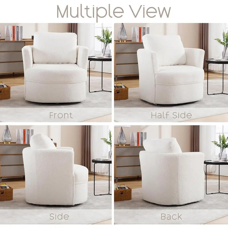 Fauteuil pivotant cylindrique en lin et tissu "Teddy" beige/gris/blanc, une place