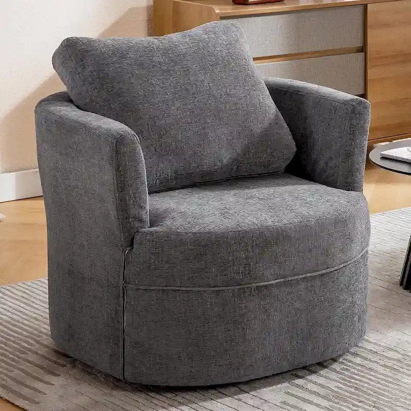 Fauteuil pivotant cylindrique en lin et tissu "Teddy" beige/gris/blanc, une place