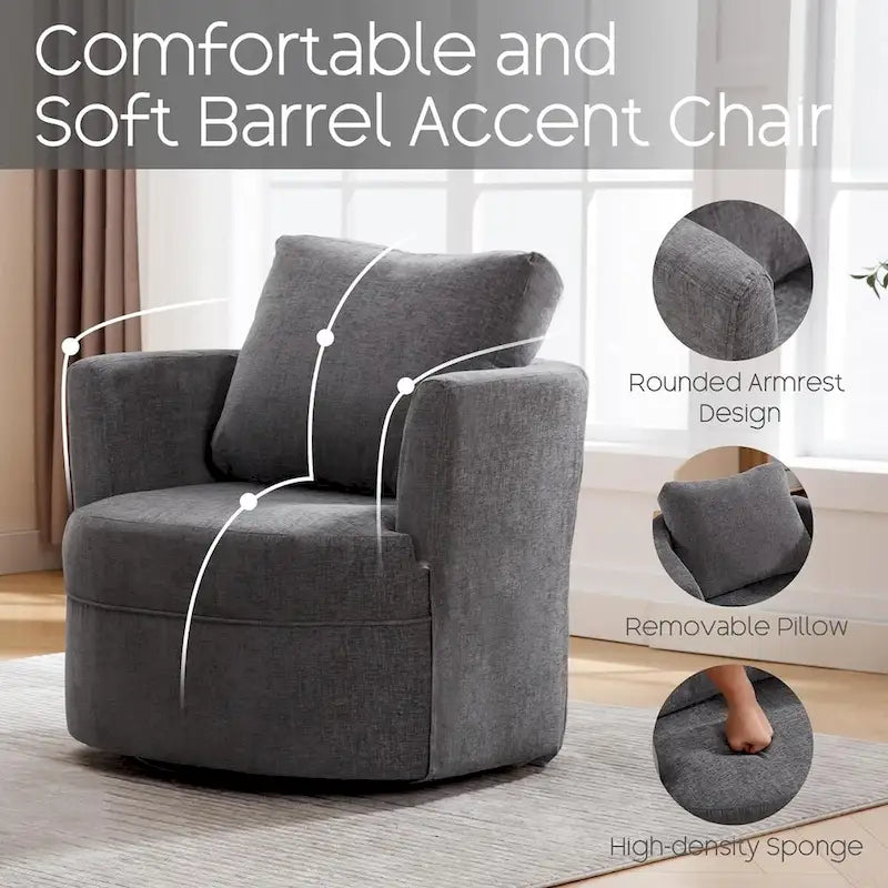 Fauteuil pivotant cylindrique en lin et tissu "Teddy" beige/gris/blanc, une place